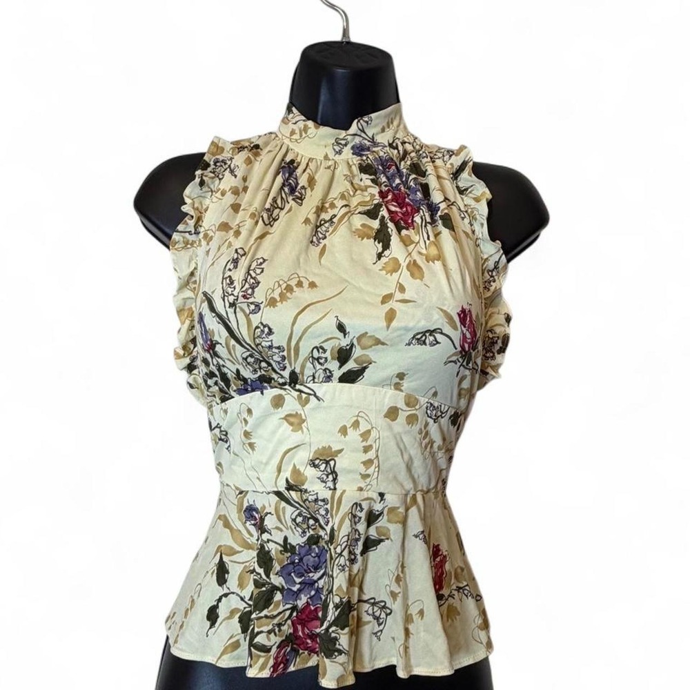 Coquette Cream Lily of the Valley Rose Print Ruffle Mock Neck Peplum Top